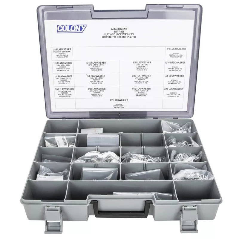 001 Flatwasher and Lockwasher Assortment - 902 Pieces - Chrome Plated