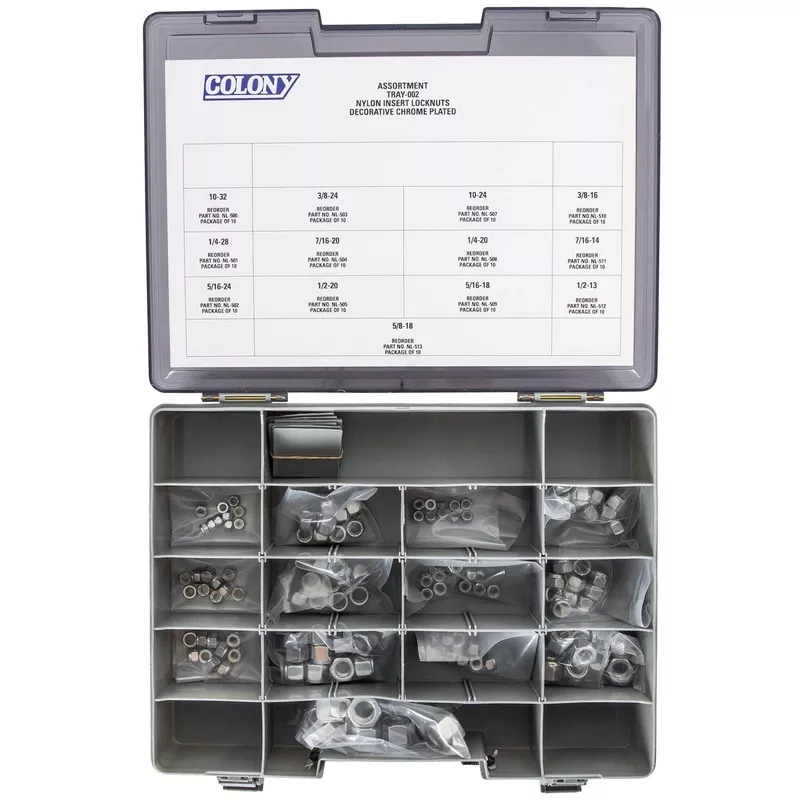 002 Nylon Insert Locknut Assortment Tray - 130 Piece - Chrome Plated