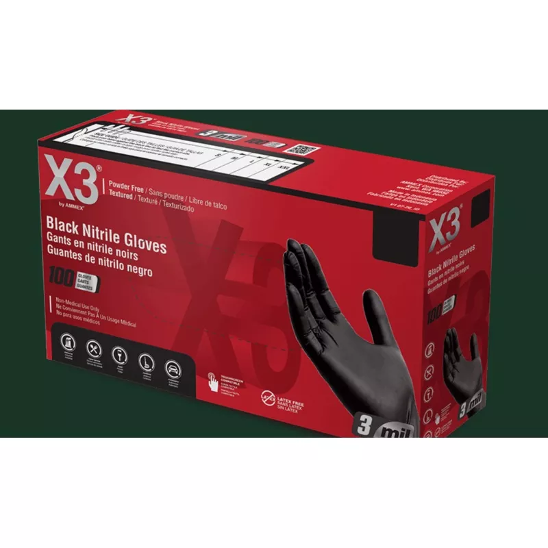 AMMEX X3 Black Nitrile Industrial Disposable Gloves Black