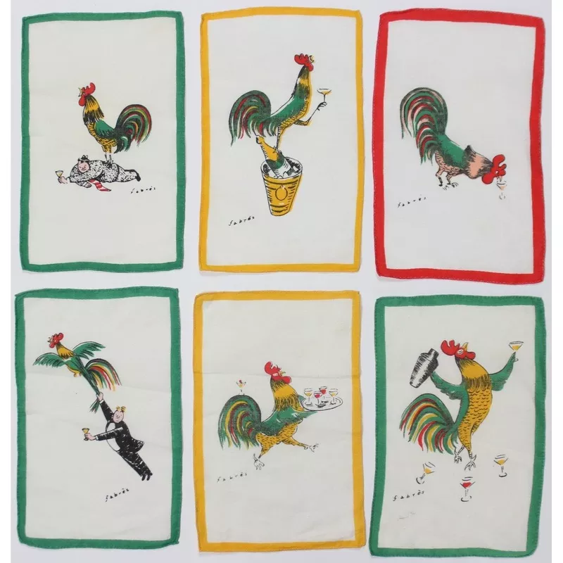 "Fabres c1952 'Tipsy' Rooster 6pc Cocktail Napkin Set"