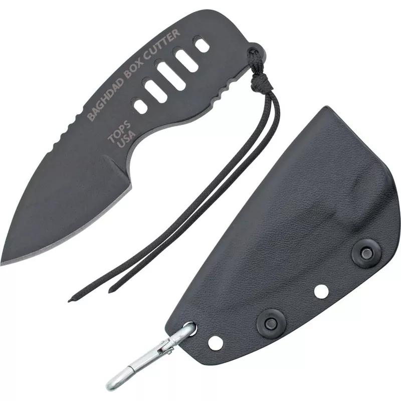 TOPS Baghadad Box Cutter One Piece Fixed Black Blade Knife + Clip Sheath BBC01